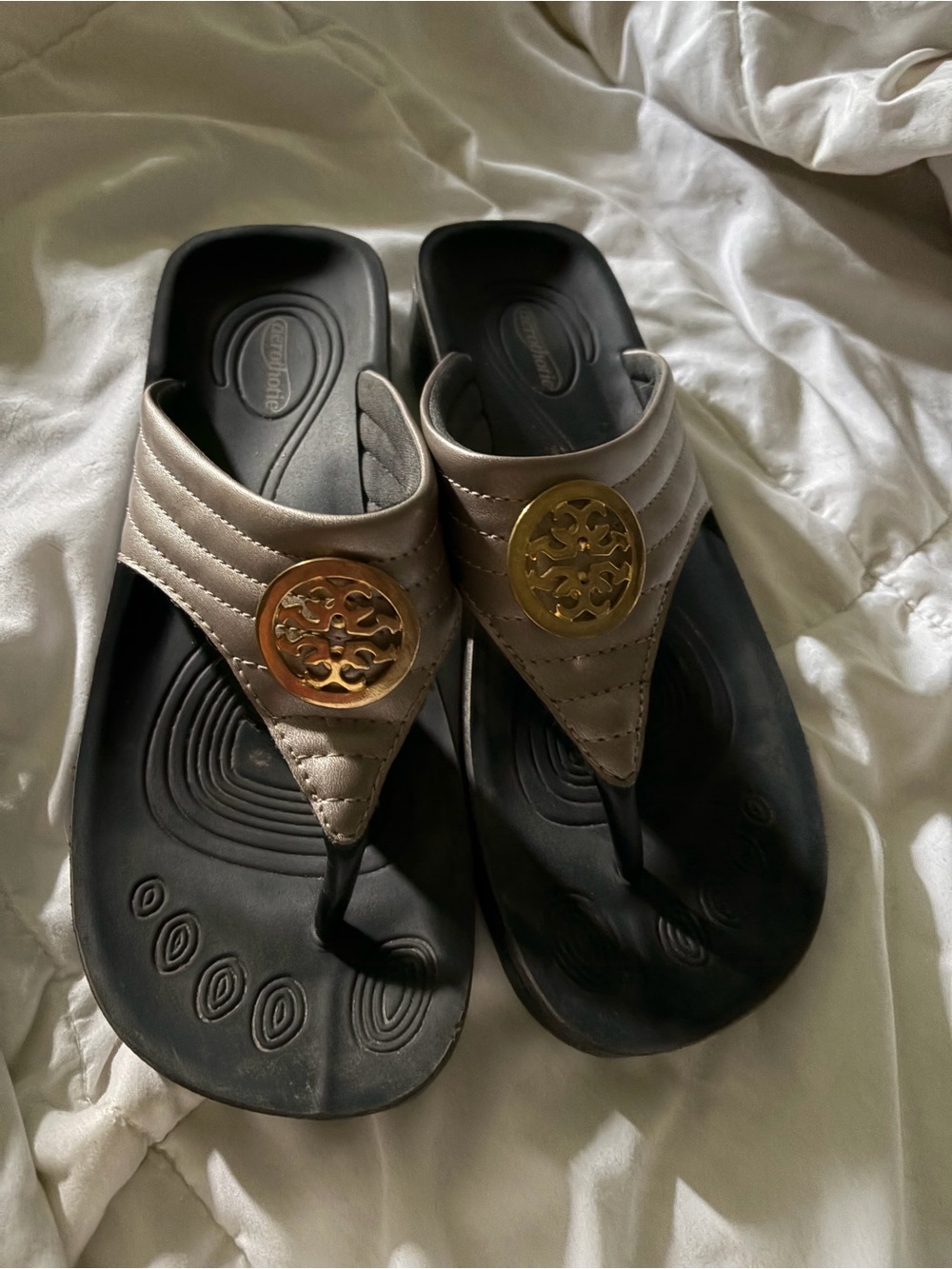 Aerothotic Thong Sandal with Gold Medallion - Neutral
